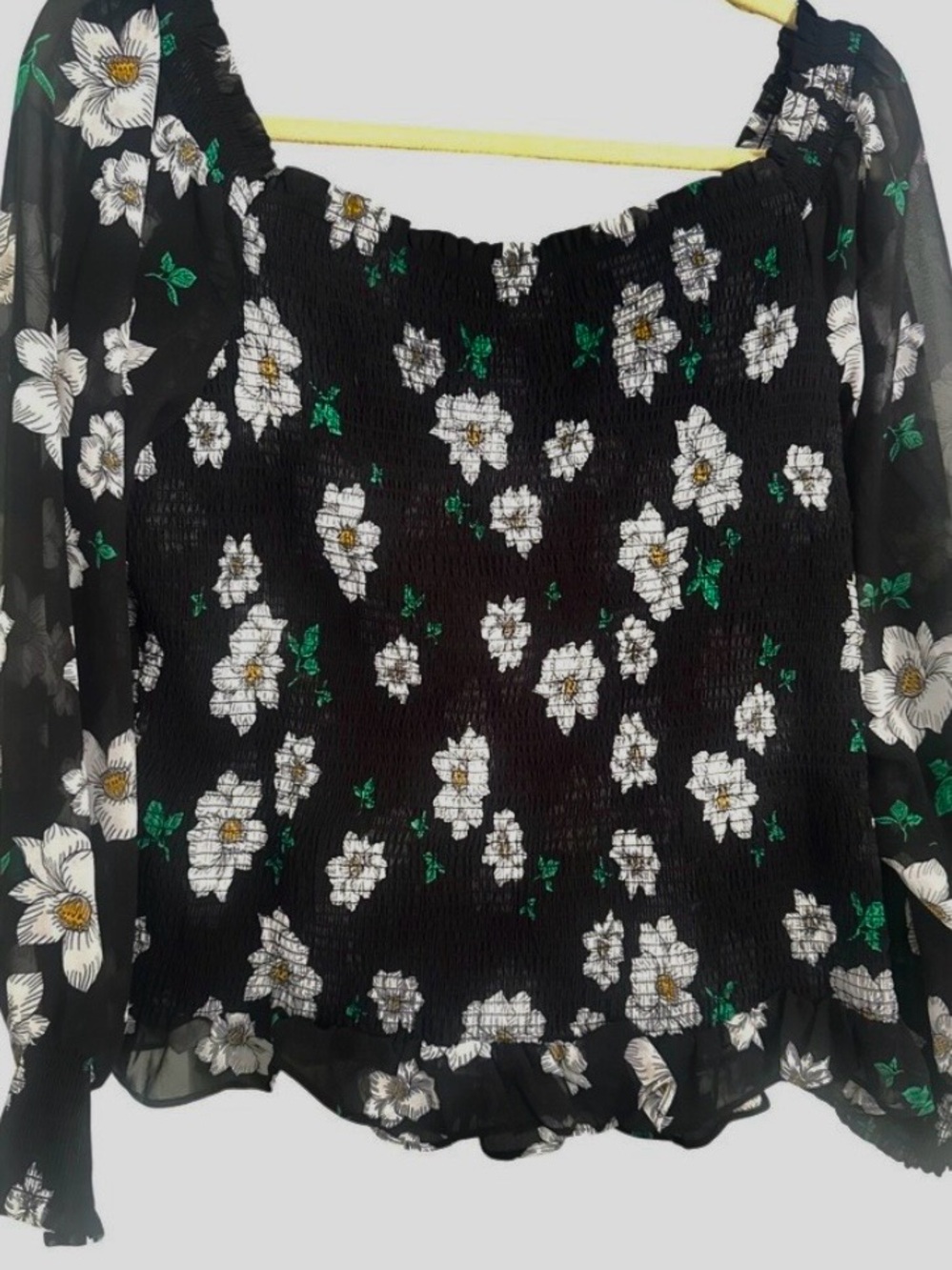 Bar III Black Floral Smocked Long-Sleeve Blouse